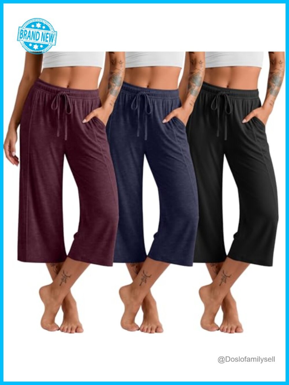 3 Pack Women's Capri Pants Wide Leg Drawstring Elastic Waist Sweatpants
